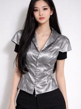 Sarah Pacini Silver Short-Sleeve Zip-Up Blouse